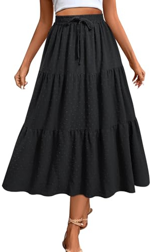 Adigaber Femme Longue Jupe Bohême Elastique Taille Haute Jupe Point de Suisse Jupes Boho Décontractées avec Poches et Cordon de Serrage