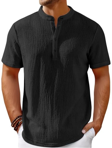 WINKEEY T Shirt Uomo Henley Shirt Maglietta Uomo Manica Corta Estate Casual T Shirt con Bottoni Tinta Unita,Nero 4XL