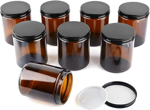 Lot de 8 Bocaux en Verre Ambré 240ml avec Couvercles Noirs Vissés - Pots Étanches pour Cosmétiques, Crèmes, Huiles Essentielles, Épices - Récipients Réutilisables et Hermétiques