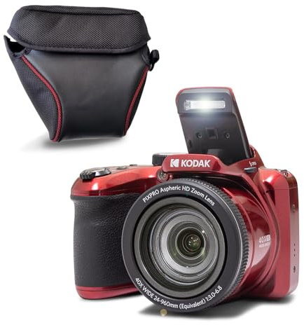 KODAK Pixpro Astro Zoom AZ405 + funda protectora - Cámara digital Bridge, Zoom X40, gran angular de 24 mm, 20 megapíxeles, LCD 3, vídeo Full HD 1080p, OIS, pila AA - Rojo