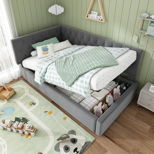 LARFOEK Cama tapizada de día 90 x 200 cm con espacio de almacenamiento hidráulico, sofá cama con somier de madera, cama infantil, cama juvenil, cama de invitados, estructura de cama, tela de
