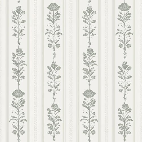VaryFloral Beige Gray Floral Striped Wallpaper Peel and Stick Neutral Farmhouse Floral Stripe Wallpaper for Bedroom Living Room Rustic Flower Contact Paper for Cabinets Drawers Home Decor 17.7x157