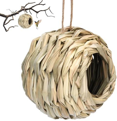 Nichoir en paille - Nid d'hibiscus naturel tissé à la main, design sphérique à ouverture ronde, abri de jardin suspendu, décoration extérieure pour petits oiseaux | Nid d'oiseau pour balcon, porche