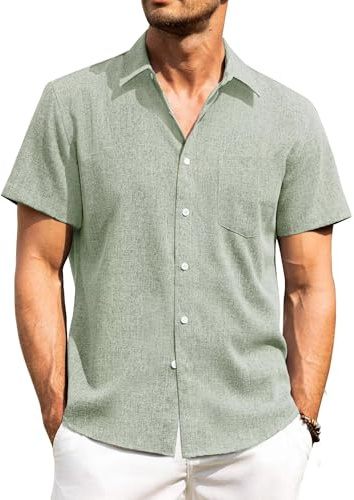 PrimeCrest Mens Shirts Short Sleeve Linen Summer Casual Holiday Shirt Breathable Beach Regular Fit Lightweight Plain Comfortable Button Down Tops with Chest Pocket Green M