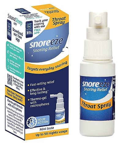 Snoreeze Anti-Snoring Throat Spray - Effective Snoring Aids for Men & Women - Fast Acting Lubricating Thermo Gel - Snore Stopper to Use with Mobile App - 23,5ml, 50 Nights Use