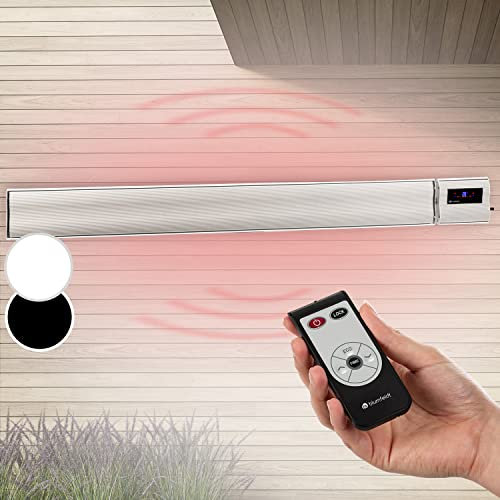 Blumfeldt Cosmic Beam Plus - Stufa a Infrarossi, Lampada Infrarossi Riscaldante, Lampada Riscaldante a Raggi Infrarossi per Terrazza, Protezione IP24, Telecomando, Eco Mode, 2400W, Bianco