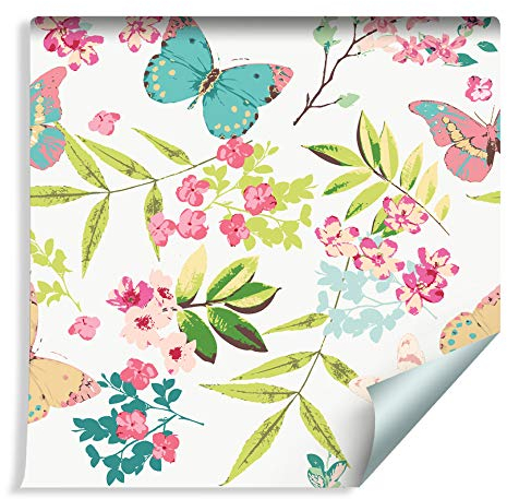 Wallepic Tapete 10m Vlies Tapete Schmetterlinge Kinder Blumen Vliestapete 1000x53cm Wand Tapete Wohnzimmer Kinderzimmer Moderne Wanddeko Wand Dekoration