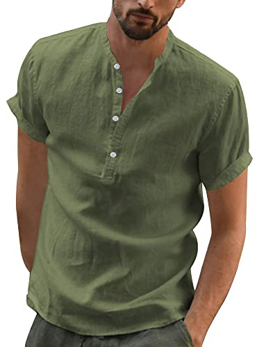 YAOBAOLE Men's Summer Linen Cotton Henley Shirt Casual Short Sleeve Button Up Beach Shirts