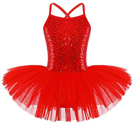 CHICTRY Girl's Ballerinas Sequined Ballet Dance Dress Fancy Party Tutu Leotard Skirt Costume Dancewear Red 9-10 Years