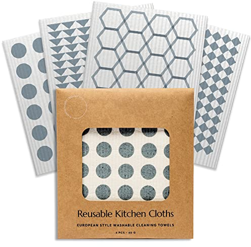 CLEANOMIC Reusable Kitchen Cloths (4 Pack) - Kitchen Washcloths, Dish Towels, Cleaning Cloths, Dish Cloths for Washing Dishes, Dish Rags for Washing Dishes, Reusable Paper Towels