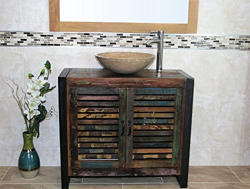 Wooden Bathroom Vanity with Sink - Double Door Bathroom Sink Cabinet Wash Basin - Urban Chic Single Vanity Unit with Chromed Mixer Tap - Travertine Bowl (IRF02D025TRAV)