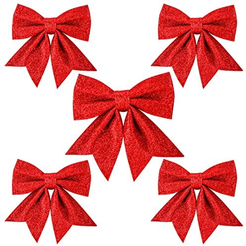 Aurasky Schleifen Weihnachten Rot, 5 Stück Weihnachtsbaum Schleifen Rot, Weihnachtsschleifen Grosse, Christmas Glitter Bows, Geschenk Weihnachtsdeko Schleifes 24&18cm