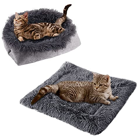 TUAKIMCE Katzenbett 2 in 1 Plüsch Weich Runden Schlafen Katzensofa Flauschige Katzenbett Klein Hund Bett Katzendecke Haustierbett katzenbettchen Tierbett für Katzen und Kleiner Hund (Dunkelgrau)