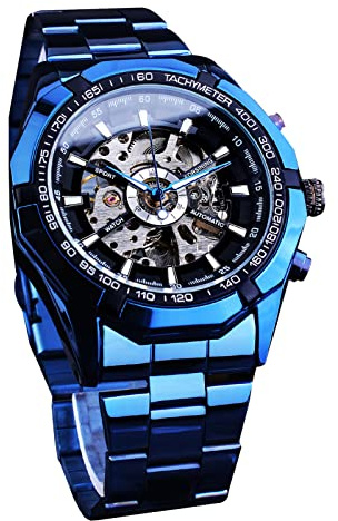 FORSINING Herren-Armbanduhr, Skelett, blaues Zifferblatt, Edelstahl, wasserdicht, Handaufzug, leuchtende Sport-Herren-Armbanduhr, Schwarz, Armband