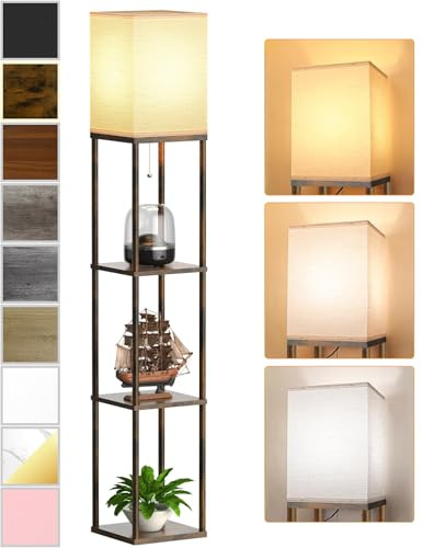 Floor Lamp with Shelves for Living Room Brown, Shelf Floor Lamp with 3 CCT LED Bulb, Corner Display Standing Column Lamp Etagere Organizer Tower Nightstand with White Linen Shade for Bedroom