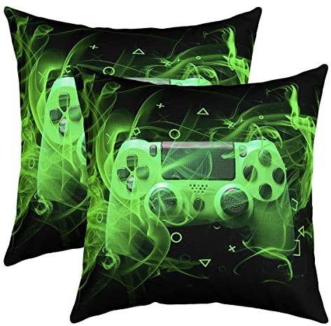Jugend Gaming 2er Set Kissenbezüge Spieler Kissenhülle 40x40cm für Couch Sofa Bett Game Controller Kissenhülle Moderne Spielekonsole Aktionstasten Geometrie Sofakissen Couchkissen Grün Raumdekor
