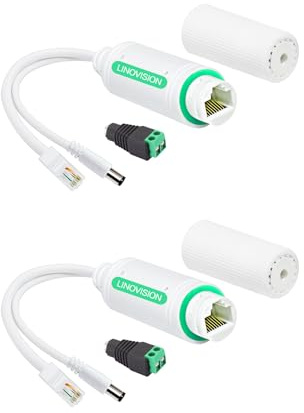 LINOVISION DC12V Waterproof POE Splitter, 10/100Mbps Outdoor Power Over Ethernet Splitter, IEEE802.3af/at POE to DC Power Supply for Security Cameras, Wireless AP, VoIP Phone (2 Pack)