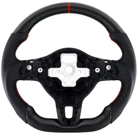 Acclcors Volant en cuir en fibre de carbone avec fond plat et coutures rouges, poignée en cuir perforé pour VW Volkswagen Golf MK6 GTI 2008-2014