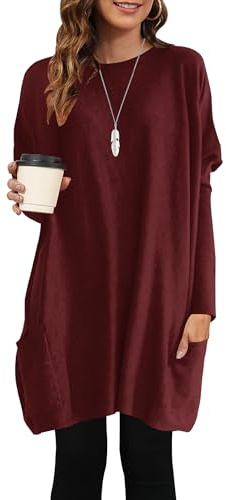 AUSELILY T-Shirt Manches Longues Femme Long Oversized Pulls Sweatshirt Tunique Femme Longue Ample Haut Col Rond Tee Shirts Robe avec Poches