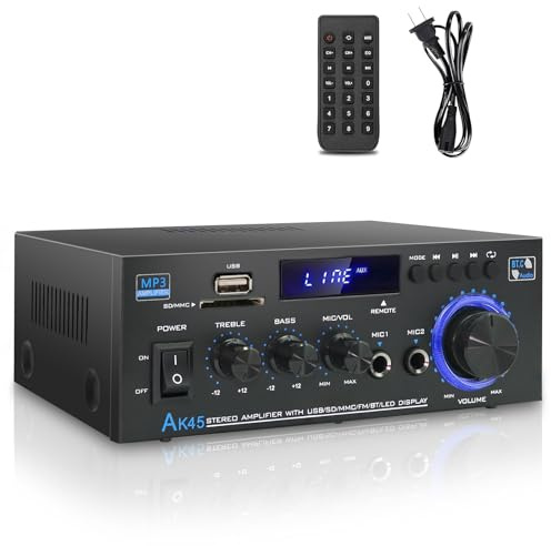 Stereo Home Audio Verstärker Receiver AK45, 600W Bluetooth 5.0 HiFi Stereo Endstufe 2.0 K RMS 40W x 2 Home Stereo System mit Fernbedienung Amp W/MIC, USB, RCA,FM Radio