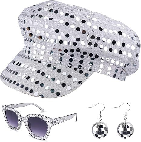 SDXCJY Chapeau disco argenté à paillettes 3 pièces pour adulte - Lunettes de soleil carrées - Costume disco pour femme - Fête à thème, anniversaire, danse (argent)