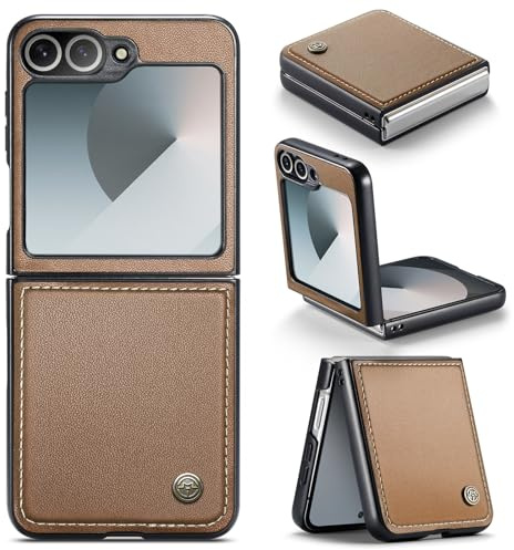 Rerzoiro Funda para Samsung Galaxy Z Flip 6, Funda Cuero PU PC Dura, Textura de Moda Delgada, Anticaída, Resistente a los Golpes Carcasa Antihuellas, Case para Samsung Z Flip6, Marrón