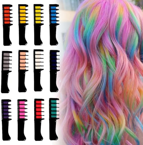 Haarkreide Kamm Set, 12 Stück Temporäre Haarfarbe Kreide Kamm, Haarkreide für Mädchen Set, Abwaschbar und Sicher, Haartönung Hair Chalk für das perfekte Halloween & Weihnachten Kostüm