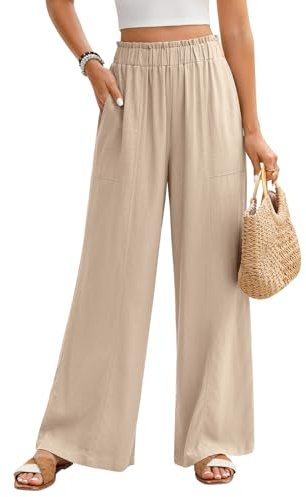 PASUDA Pantalones Mujer Verano de Lino Anchos Pantalones Casuales Fluido Largo Pantalones Cintura Alta Elástico con Bolsillos Pantalón Comodo Ligeros Verano Frescos
