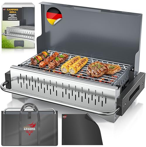 KESSER® Klappgrill tragbarer Camping Grill | Holzkohlegrill aus pulverbeschichtetem Stahl inklusive Grillrost, Grillmatte & Tragetasche | Faltbar BBQ ideal für Camping, Picknick & Angeln