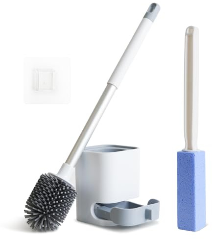 QUIVIX Toilet Cleaner Brush, Silicone Toilet Brush+Pumice Stone for Toilet Cleaning, with Non-Slip Long Handle, Wall Mounted/Floor Standing, Toilet Brush Set for Bathroom RVs