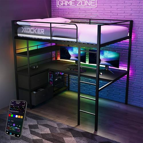 X-Rocker Battlebunk 4ft6 Double, RGB LED Bunk Bed - Neo Motion™ Sync App-Controlled Lights, XL Desk & PC Storage Shelf, High Sleeper, Sturdy Metal Frame for Kids & Teens - Black - 135x190cm