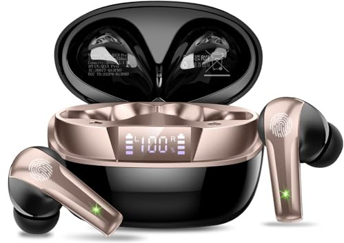 Bluetooth-hörlurar, trådlösa Bluetooth 5.4 HiFi-ljudkvalitet med ENC mikrofon, 47 timmars speltid in ear hörlurar med IP7 vattentäta, hörlurar med LED-display för IOS/Android, svart guld
