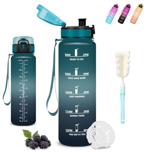 Mujigaga Borraccia 1 litro, Borraccia Palestra, Senza Perdite, Borraccie Motivazionale, Facile da Pulire, Borraccie con Orari per Bere, Bottiglie Acqua con Scovolino in Spugna, per Yoga, Campeggio