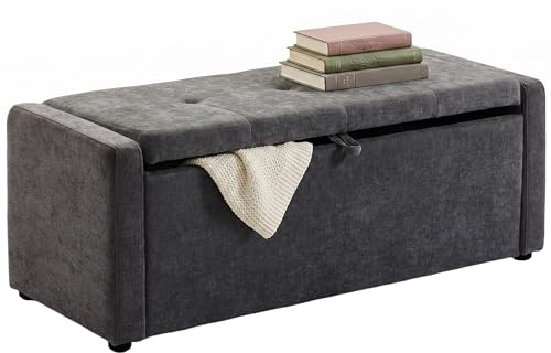 HOMCOM Baúl de 142 l, puf contenedor reposapiés, 122 x 48 x 44 cm, asiento amplio acolchado, banco contenedor de tela efecto lino, capacidad 200 kg, para dormitorio, salón, entrada, color gris oscuro