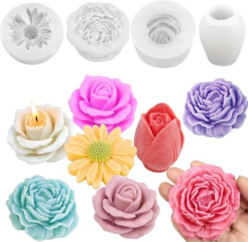 Cesujowaz Set di Stampi in Silicone per Fiori, Set da 4 Pezzi per Candele, Saponi e Stampi per Colata DIY - Ideale per Margherite, Peonie, Rose e Tulipani, Facile da Rimuovere, Ideale per Progetti