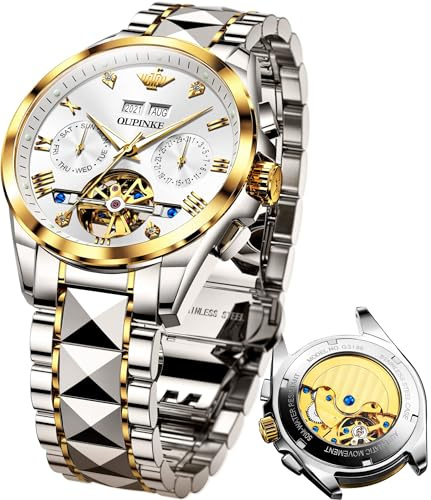OLEVS Automatic Men's Watch Tourbillon Diamond Calendar Self Winding Luxury Mechanical Wrist Watch for Men Two Tone Tungsten Strap Business Dress Male Watch Luminous Waterproof (White Blue Gold Green)