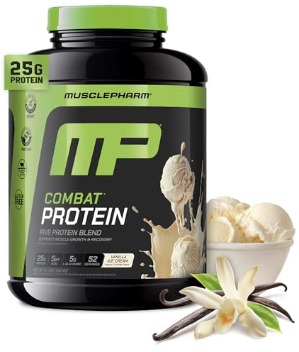 MusclePharm Combat Protein Powder, Vanilla Flavor, Fuels Muscles for Productive Workouts, 5 Protein Sources including Whey Protein Isolate & Egg Albumin, Gluten Free, 4 lb, 52 Servings