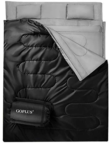 Goplus Double Sleeping Bag for Adults Kids, Queen Size XL 2 Person, Cold Warm Weather 4 Season Water-Proof Lightweight Sleeping Bags w/2 Pillows, Compression Sack, Ideal for Camping Backpacking Hiking