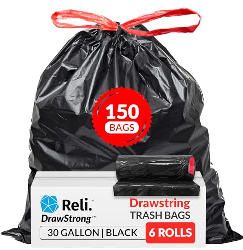 Reli. 30 Gallon Trash Bags Drawstring | 150 Count | Black | 30 Gallon Garbage Bags Heavy Duty | Large 30 Gal