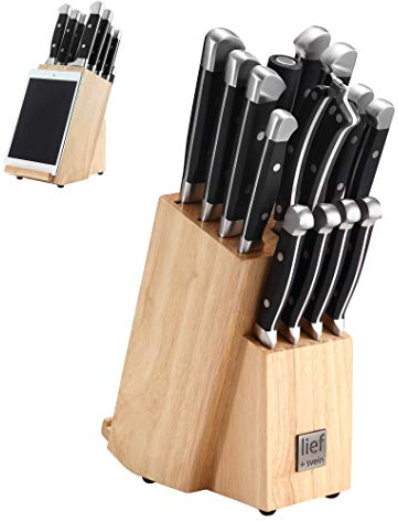 lief + svein German Steel Knife Block Set – 15-Piece Kitchen Knife Set with Wooden Block and Built-in Tablet Holder – Premium Stainless Steel Knives, Ultra-Sharp, Ergonomic and Sustainable