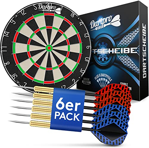 DartPro - DAS ORIGINAL - Dartscheibe mit Pfeilen - Profi Steeldartscheibe aus hochwertigstem Sisal - Dartboard inkl. Montageset - Dart Scheibe mit 6 Gratis Dartpfeilen
