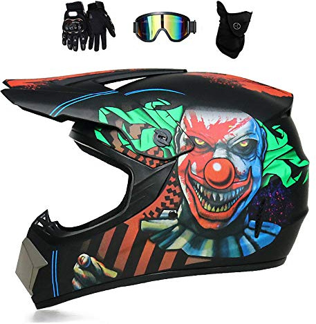 Casque Moto Cross pour Enfant, Clown Démon/ Noir, Casque Motocross avec Lunettes Gants Masque, Casque VTT Integral Casque Hors Route Set BMX Enduro Velo Quad ATV Scooter (M)