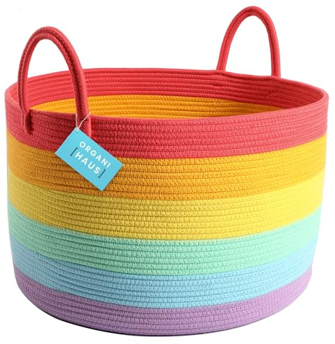 OrganiHaus Regenbogen-Baumwollseil-Aufbewahrungskorb mit Griffen 50x33, Bunte Dekoration zur Aufbewahrung von Kinderspielzeug und zur Organisation, Schmutziger Wäschekorb, Spielzeug-Organizer-Korb