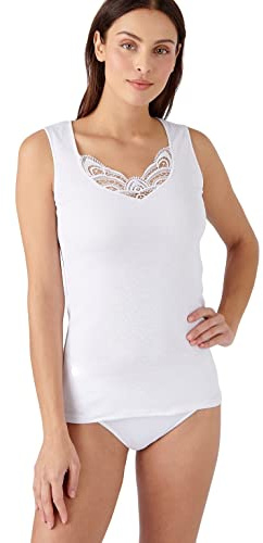 Damart Camiseta de Tirantes de canalé Fino con guipur Thermolactyl Ropa Interior, Blanco, Large para Mujer