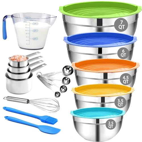 MIKULA Mixing Bowls Set, 22PCS Large Stainless Steel Mixing Bowl with Lids Set, Large Nesting Bowls 7/6/4.5/3.5/2.5QT, Measuring Cups and Spoons Baking Storage Metal Bowl for Kitchen Prep Supplies