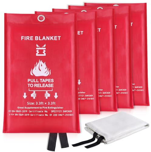 Couvertures Anti-feu Ignifuge pour Maison Cuisine - Couverture d'incendie de Couverture de Secours de Fibre de Verre idéal pour la Fourneau Garage Bureau Camping Caravane Gril 1M x1M (5 Fire Blankets)