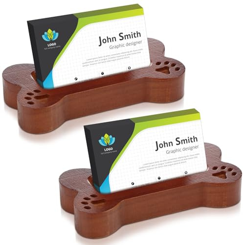 Menkxi 2 soportes para tarjetas de visita de hueso, soporte de madera para tarjetas de visita con huellas de perro, organizador de tarjetas de visita para oficina, mesa, mostrador de escritorio (color