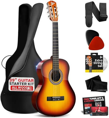 Pyle Set de Guitarra Acústica para Principiantes, Instrumento de Madera Sólida de Tamaño Completo 4/4 para Adultos y Principiantes, 39 Brillante Marrón