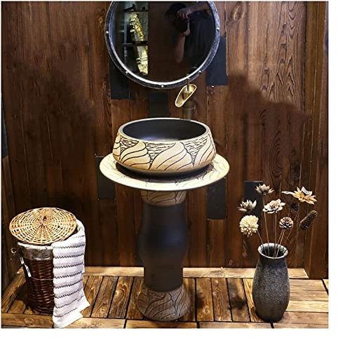 Vanity Unit with Basin,Bathroom Basin Sink with Full Pedestal, Pedestal Sink Handcrafted Ceramic wash Basin Pedestal washbasin, Kaolin Clay Pedestal Sink Round Freestanding Sink fo