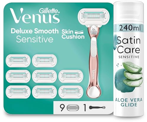 Gillette Venus Deluxe Smooth Sensitive Rasierer Damen Set, Damenrasierer + 9 Rasierklingen mit 5-fach Klinge + Satin Care Intimpflege Rasiergel mit Aloe Vera (240 ml), Geschenk für Frauen